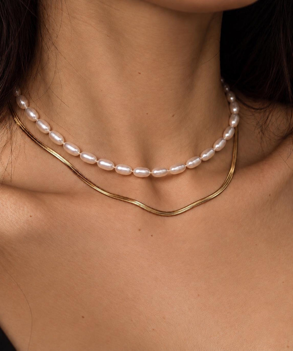 Pearl & Gold Snake Chain Necklace Set