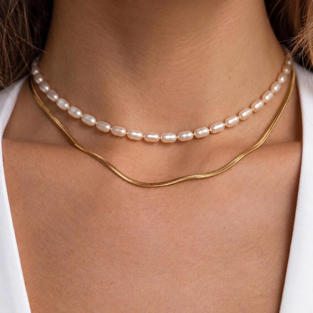 Pearl & Gold Snake Chain Necklace Set
